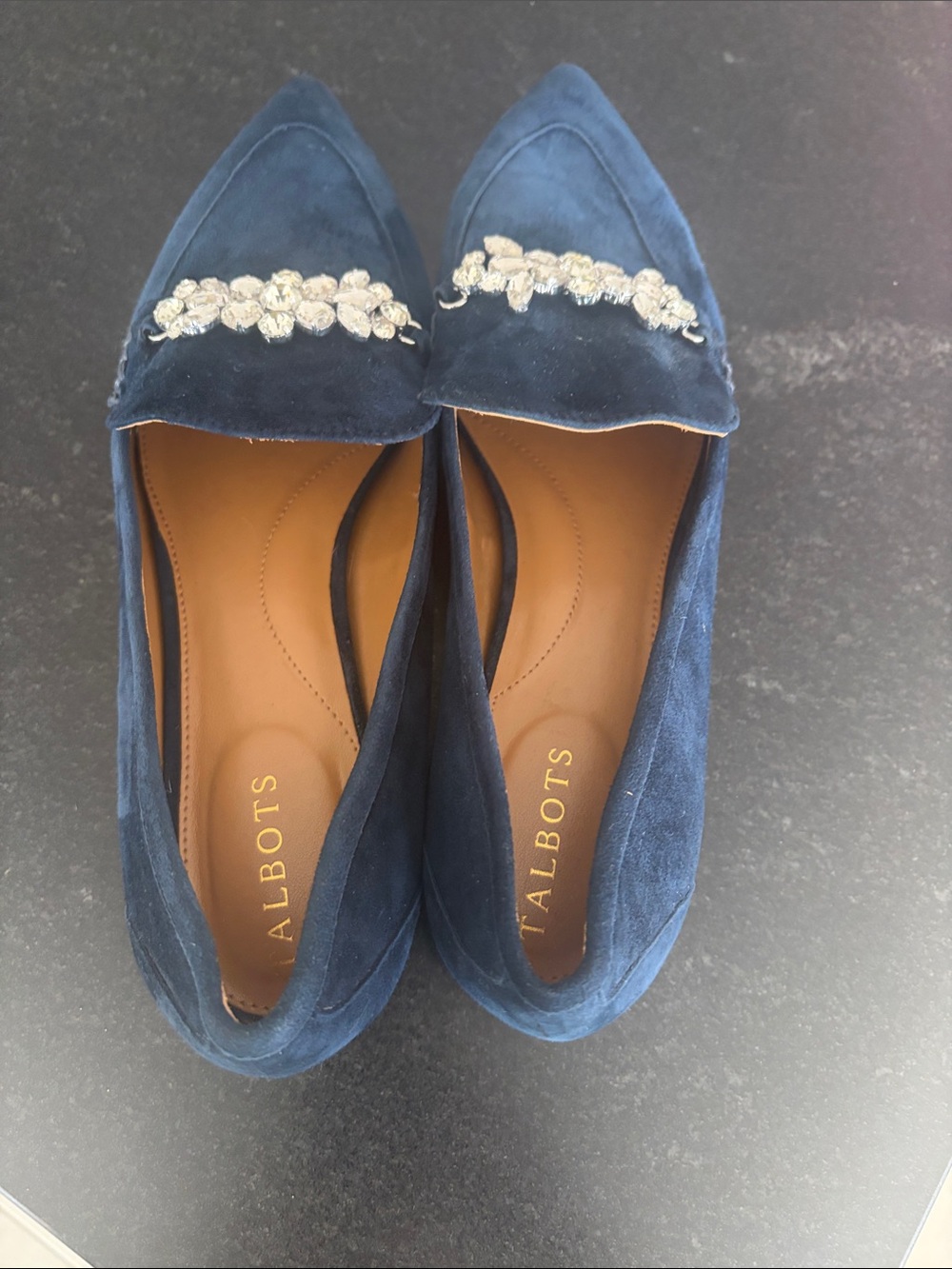 Talbots Navy Suede Pointed Toe Loafers with Crystal Embellishment - Picture 3 of 5